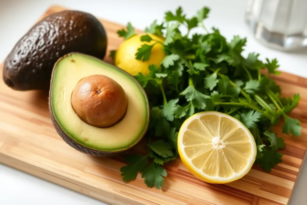 Ingredients for lime-free guacamole: avocados, lemon, cilantro, and salt