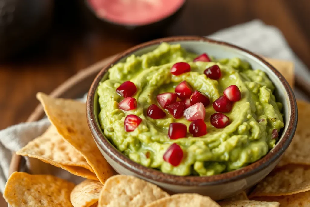 Creative guacamole variation topped with pomegranate seeds