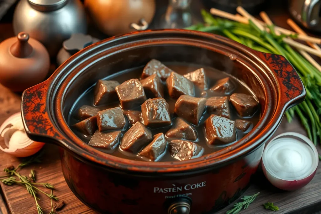 Crock pot cube steak with gravy in a rustic kitchen setting