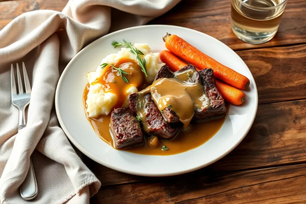 Cube steak with gravy served alongside mashed potatoes and roasted carrots