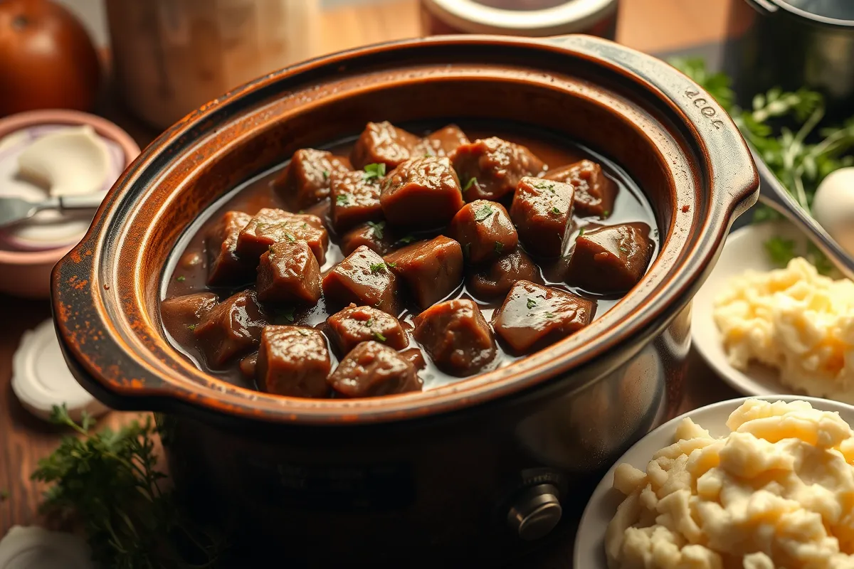 Crock pot cube steak with rich gravy and fresh herbs