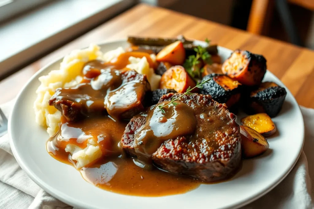 Cube steak with gravy, mashed potatoes, and roasted vegetables