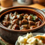 Crock pot cube steak with rich brown gravy, mashed potatoes, and fresh herbs