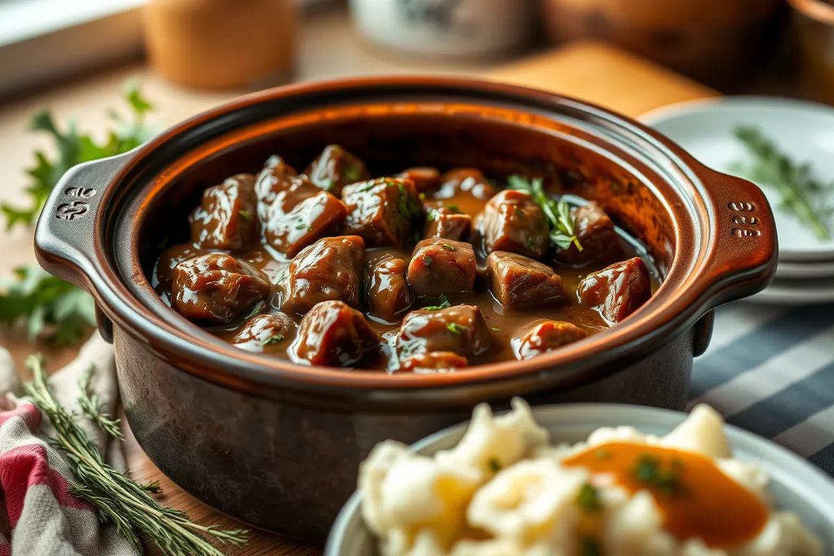 Crock pot cube steak with rich brown gravy, mashed potatoes, and fresh herbs