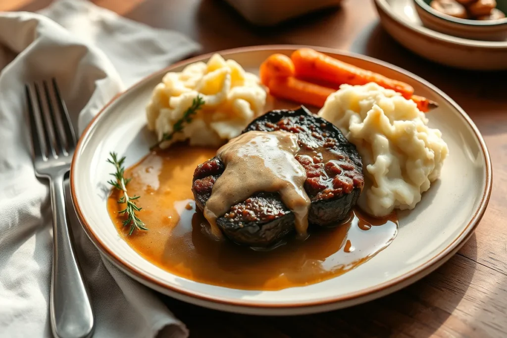 Plated cube steak with gravy, mashed potatoes, and roasted carrots on a dining table