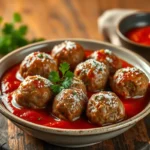 A bowl of frozen meatballs with marinara sauce