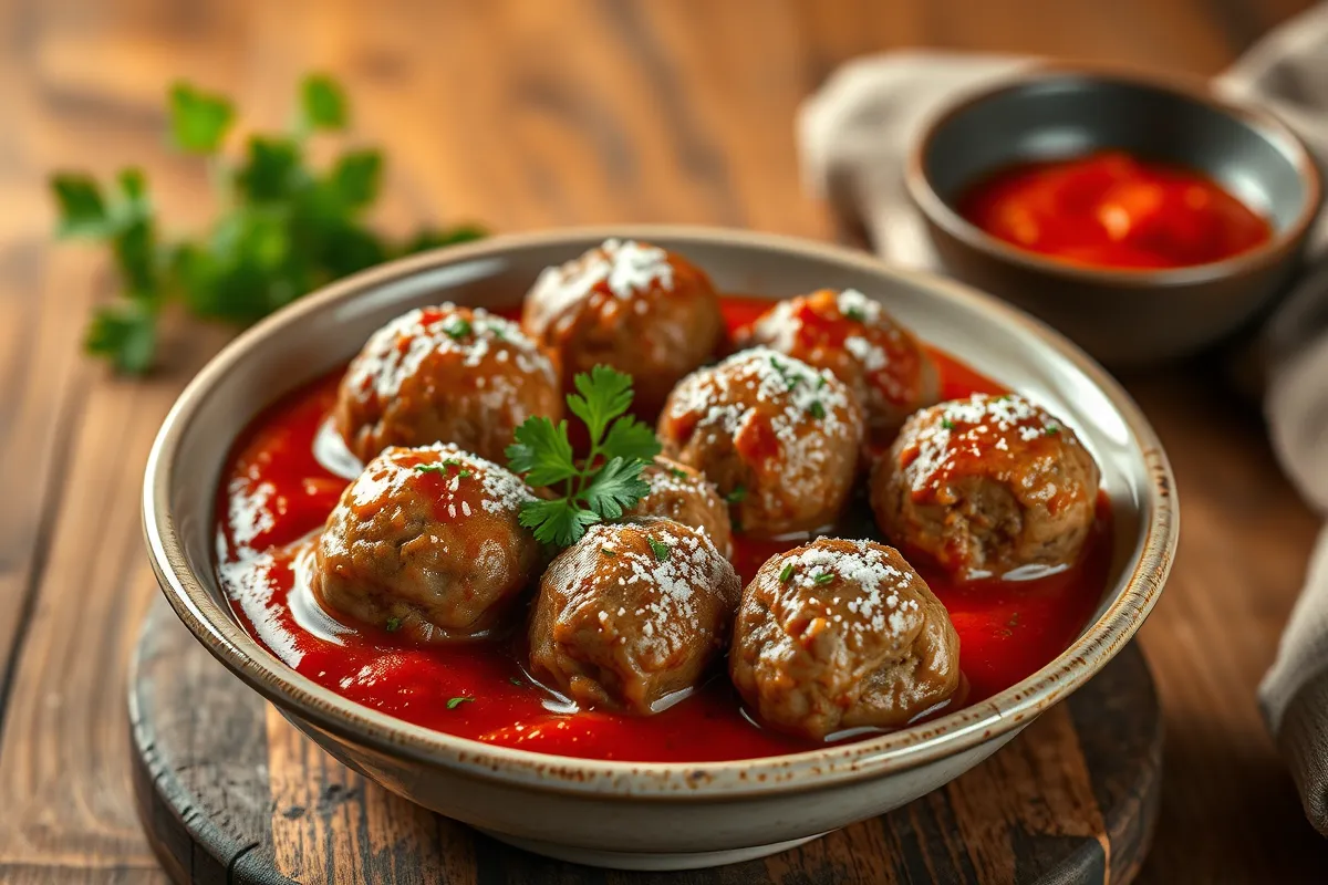 A bowl of frozen meatballs with marinara sauce