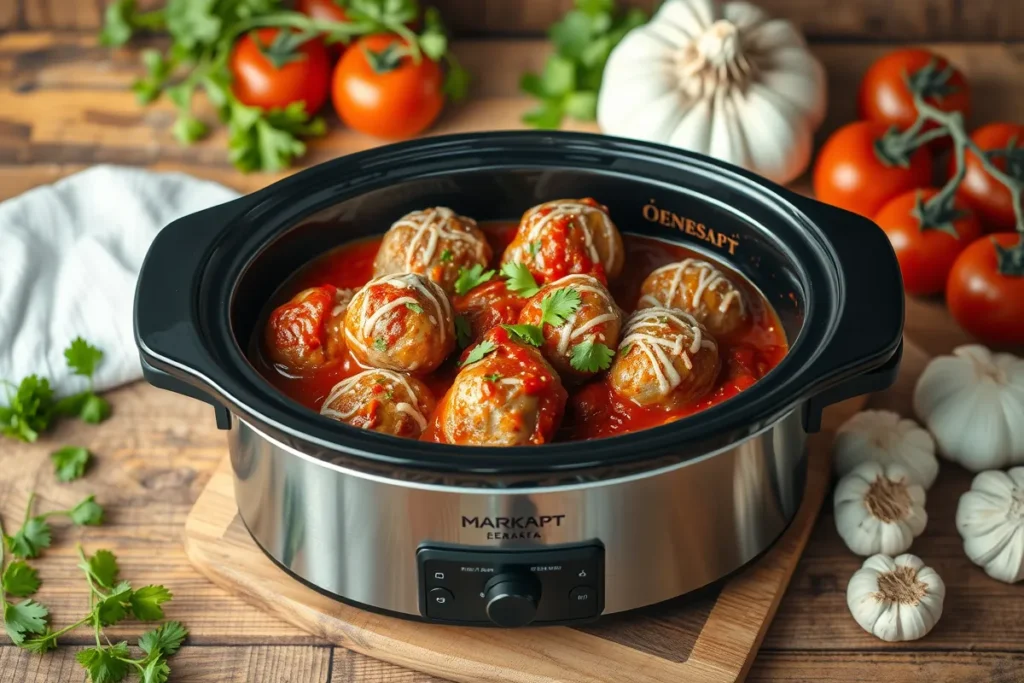 Crockpot with frozen meatballs in marinara sauce