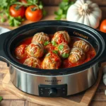 Crockpot with frozen meatballs in marinara sauce