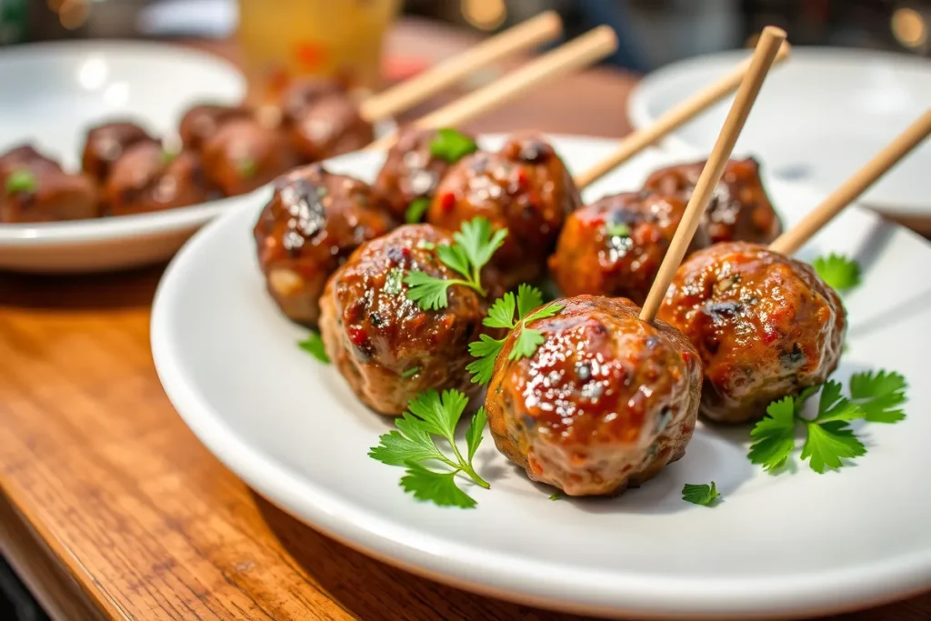 Cooked BBQ frozen meatballs served as appetizers