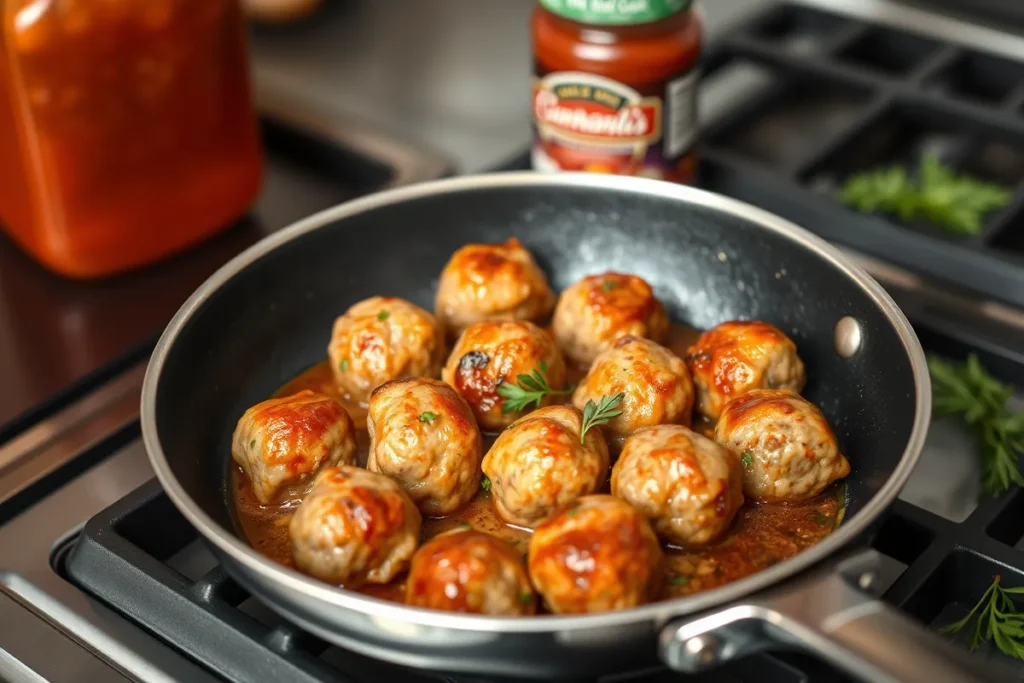 Golden-brown sautéed frozen meatballs in a skillet with marinara