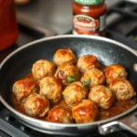 Golden-brown sautéed frozen meatballs in a skillet with marinara