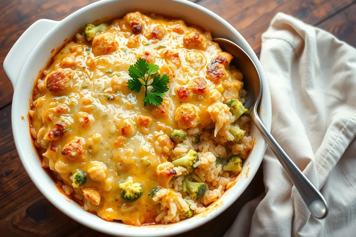 Golden Chicken Broccoli Rice Casserole in a Baking Dish