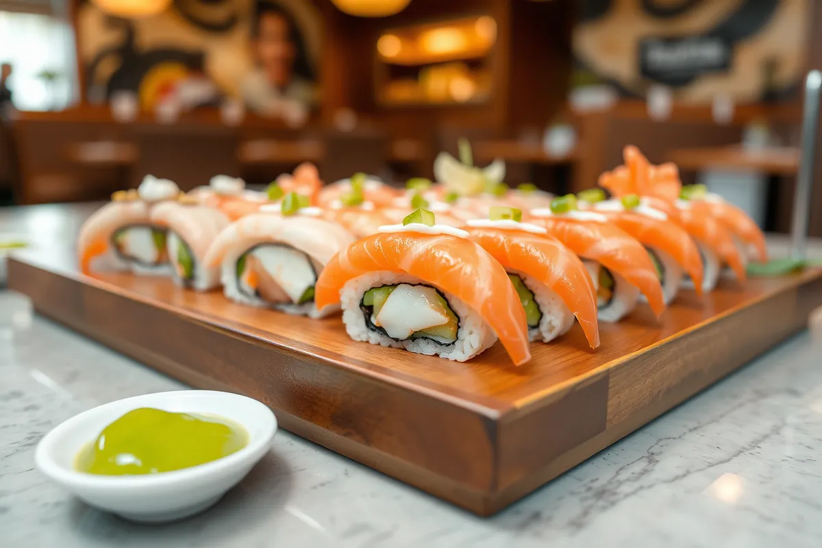 Plate of nigiri sushi with salmon, tuna, and shrimp