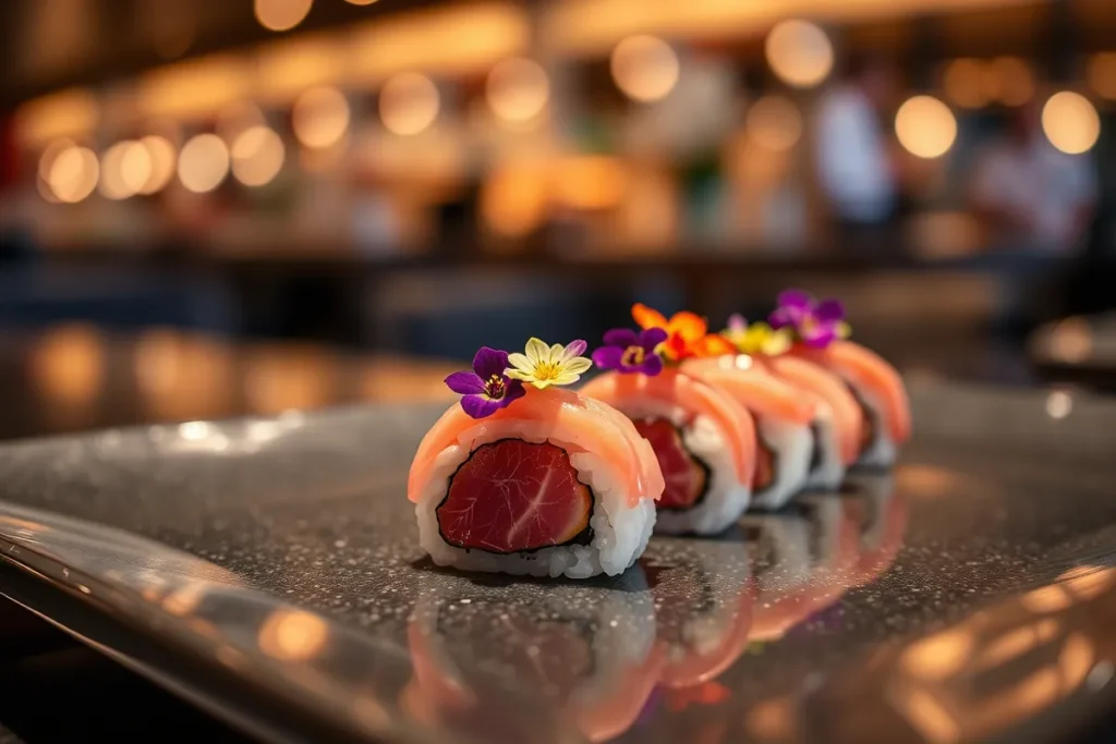 Tuna nigiri garnished with edible flowers at a Japanese restaurant