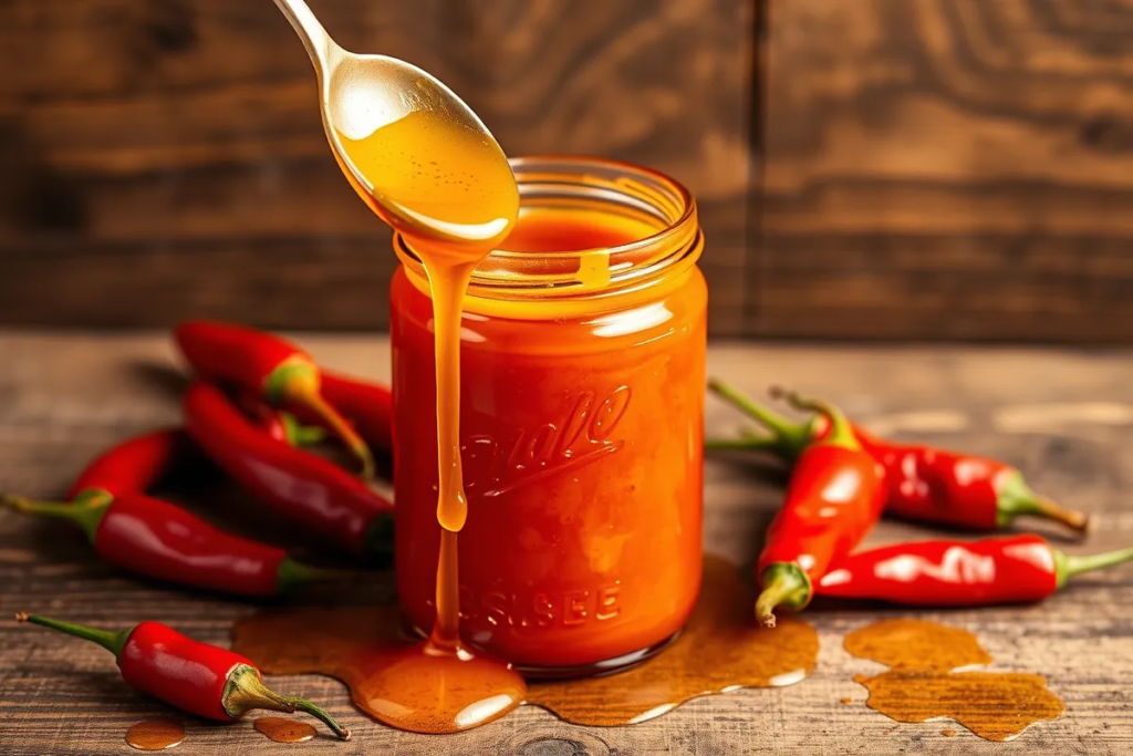 Jar of honey hot sauce with honey and chili peppers on a rustic table