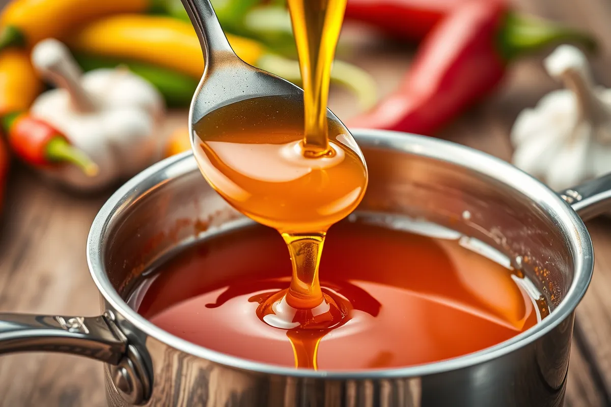 Golden honey being poured into a saucepan with chili peppers and garlic