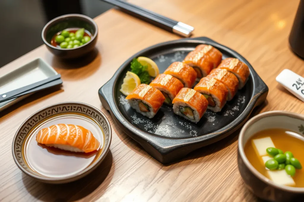 High-protein sushi meal with salmon nigiri, edamame, and miso soup