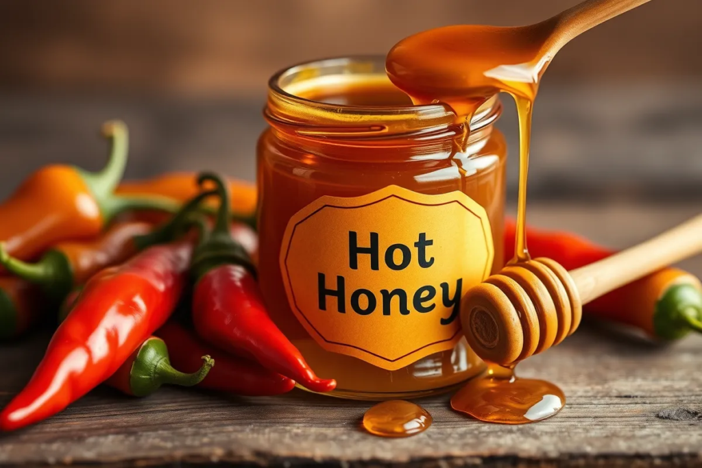 Jar of hot honey surrounded by chili peppers