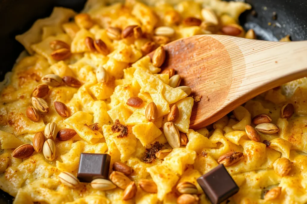 Toasted kunafa pastry in a skillet with pistachios and chocolate squares