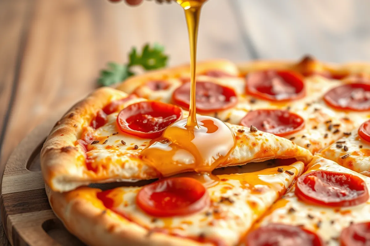 Pizza slice with hot honey drizzle