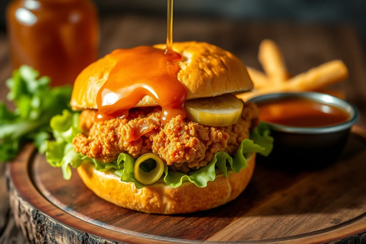 Hot honey chicken sandwich with crispy fried chicken and hot honey sauce