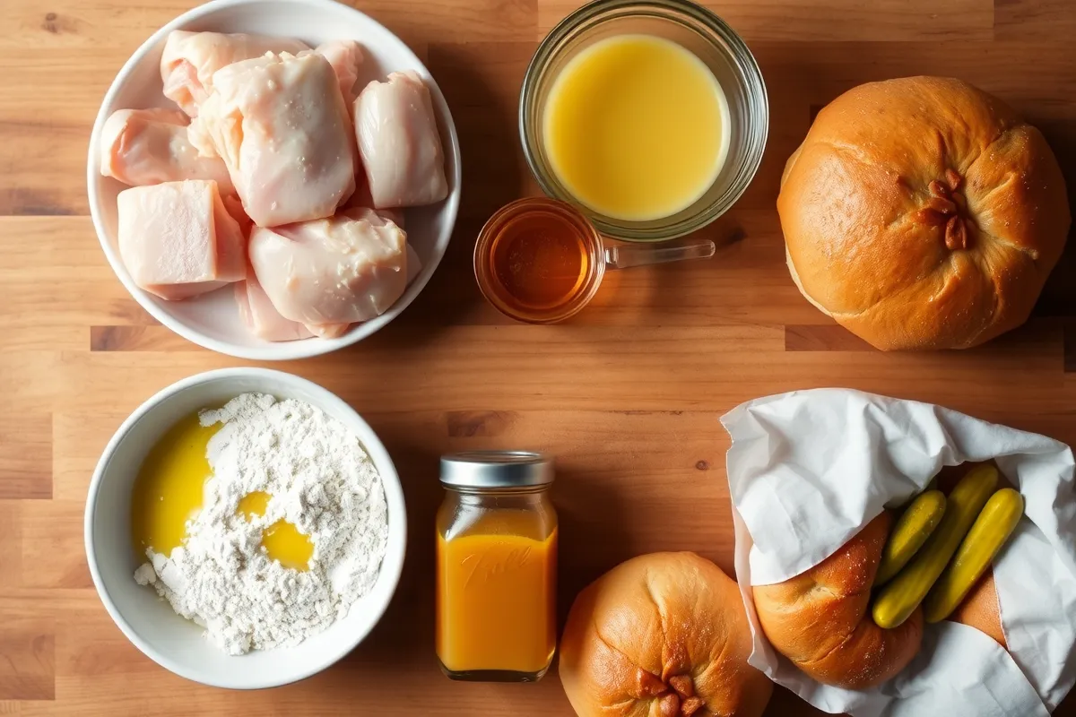 Ingredients for making a hot honey chicken sandwich laid out on a table