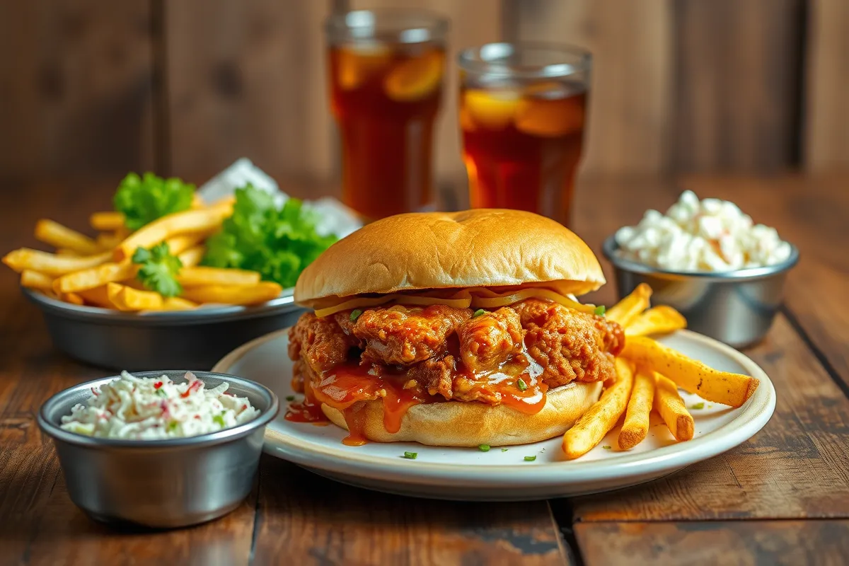 Hot honey chicken sandwich served with fries, coleslaw, and iced tea