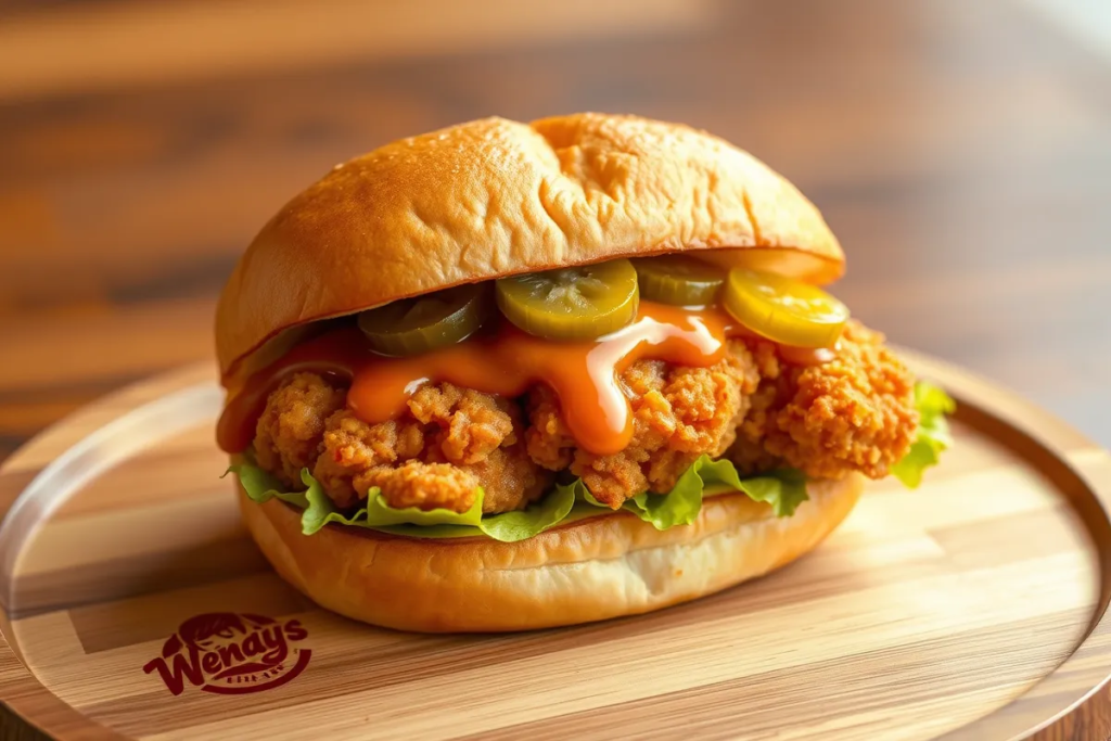 Wendy’s Hot Honey Chicken Sandwich with crispy fried chicken, glossy hot honey sauce, pickles, and lettuce on a toasted bun