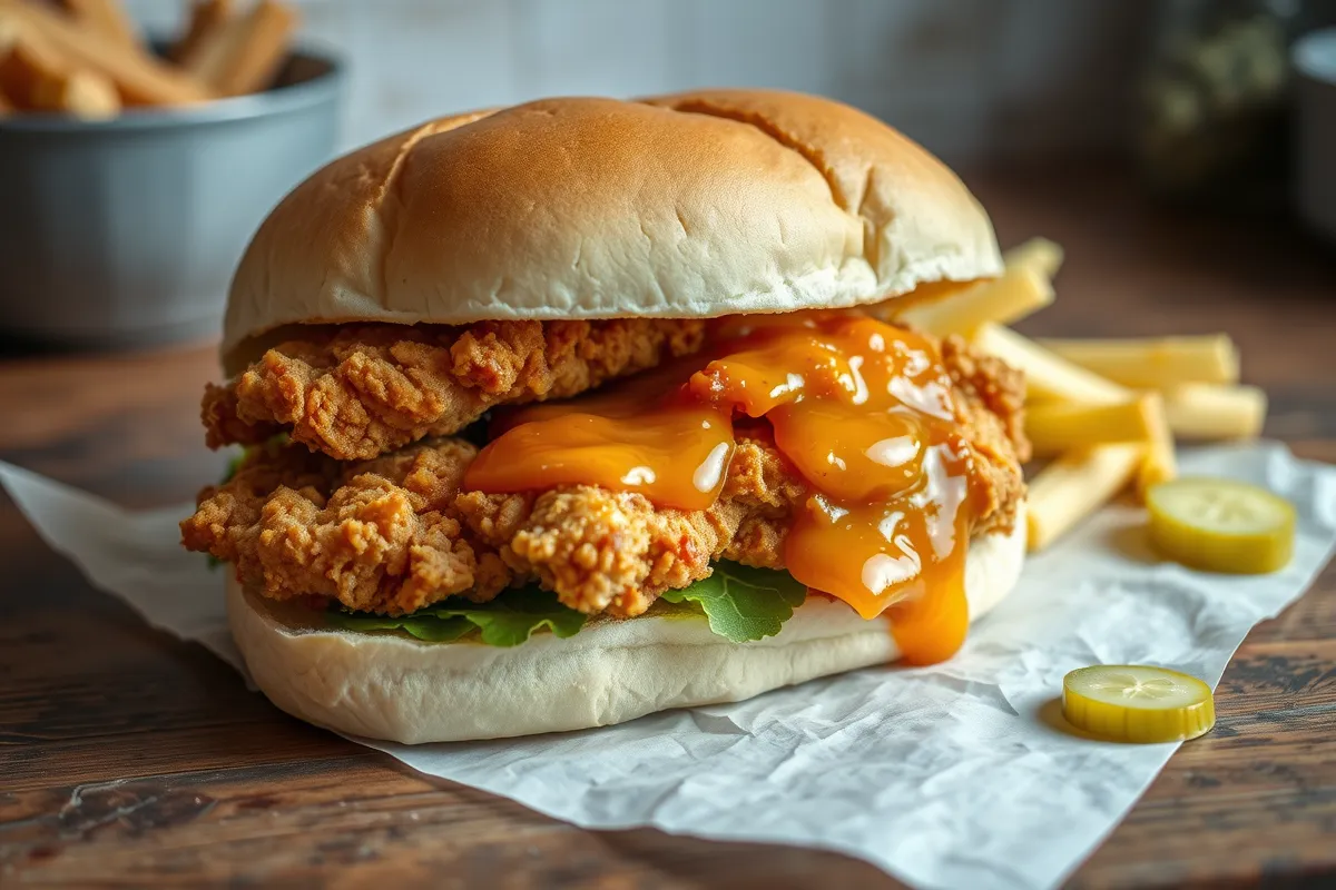 Close-up of ingredients for Wendy’s Hot Honey Chicken Sandwich, including fried chicken, hot honey sauce, pickles, and a toasted bun