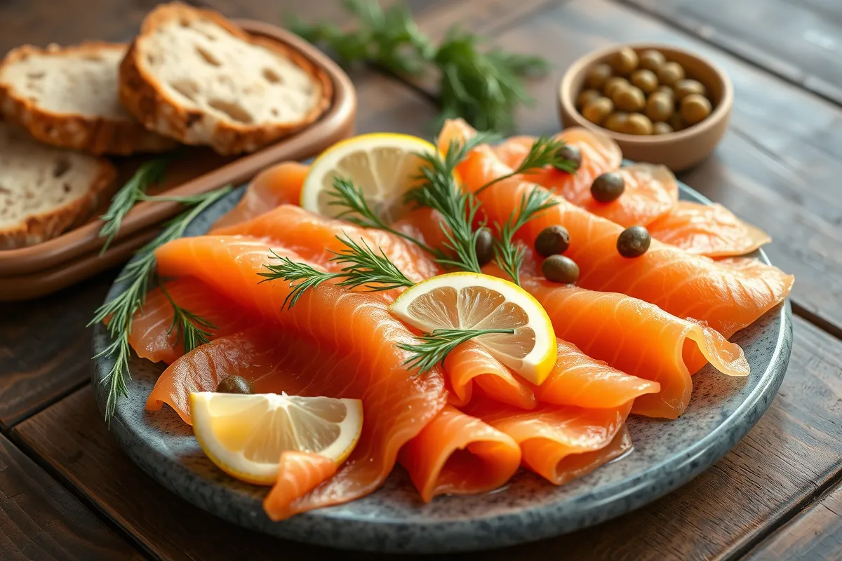 Smoked salmon platter with dill, lemon, and capers