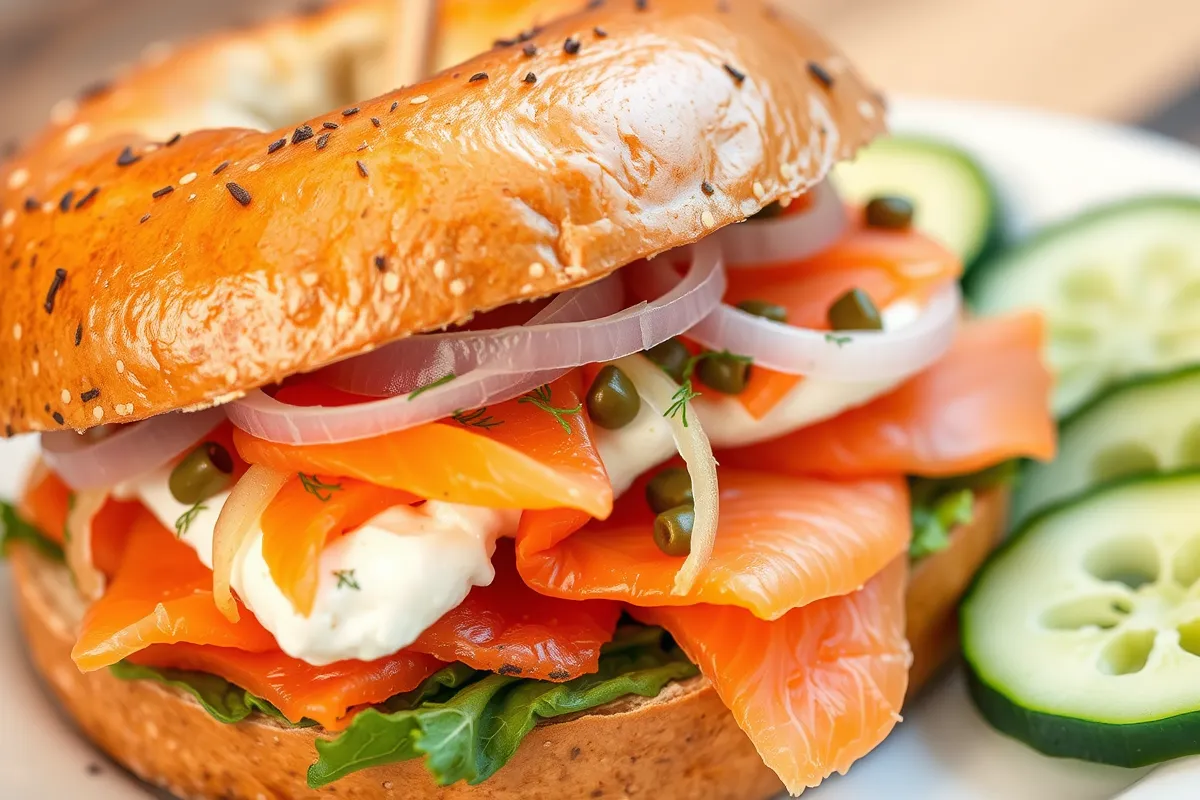 Smoked salmon bagel with cream cheese and capers