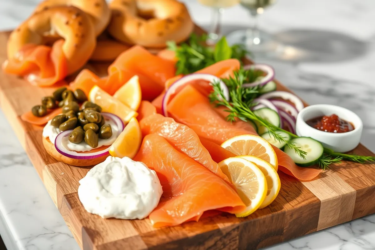 Smoked salmon platter with bagels, cream cheese, and garnishes