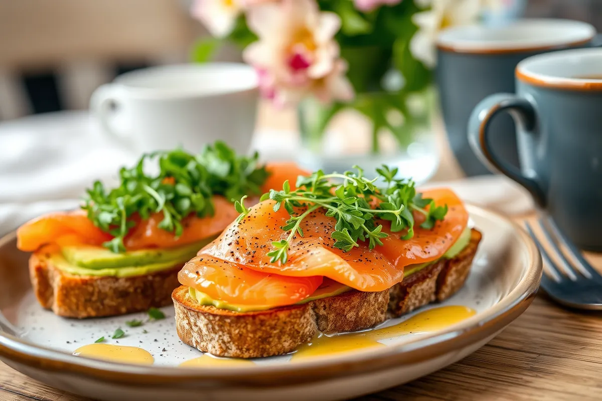 Avocado toast with smoked salmon and lemon drizzle