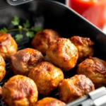 Golden-brown frozen meatballs in an air fryer basket