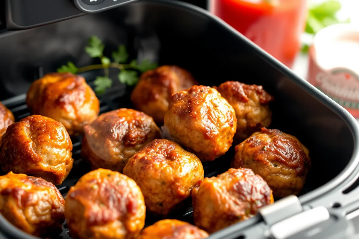 Golden-brown frozen meatballs in an air fryer basket