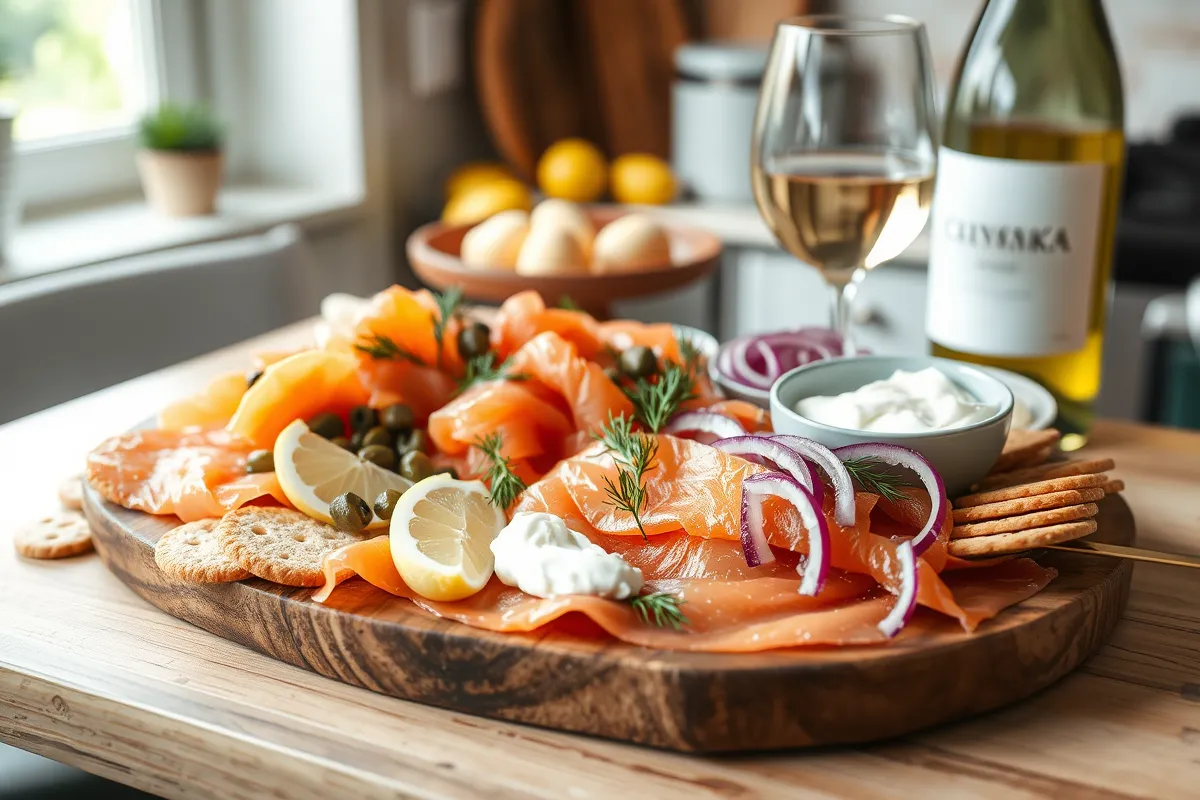 Smoked salmon platter with garnishes and wine