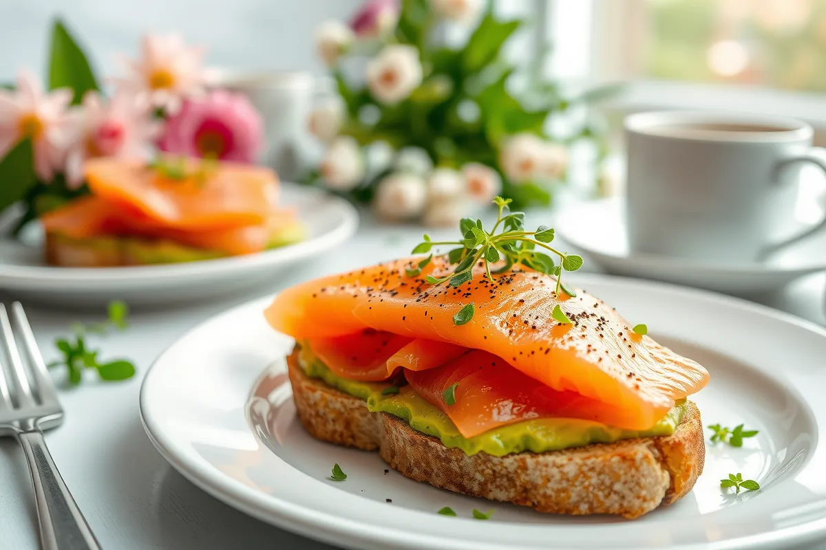 Avocado toast with smoked salmon and microgreens