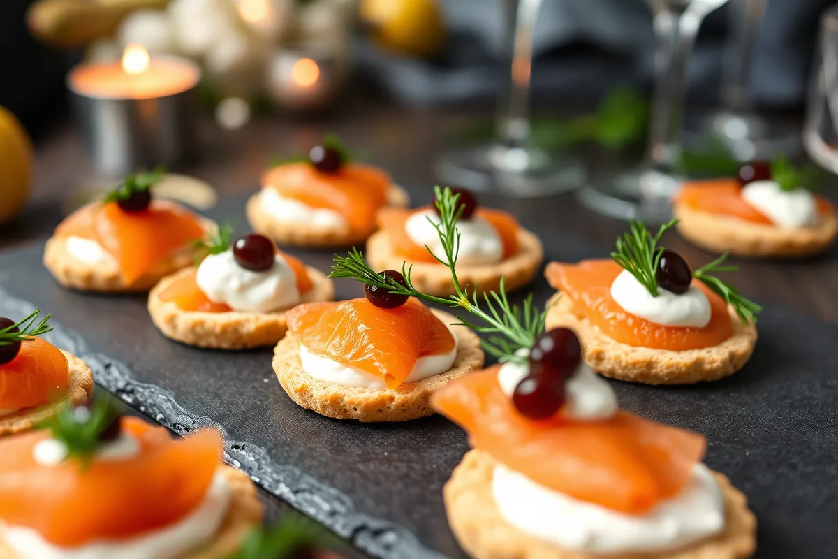 Smoked salmon canapés with crème fraîche and caviar