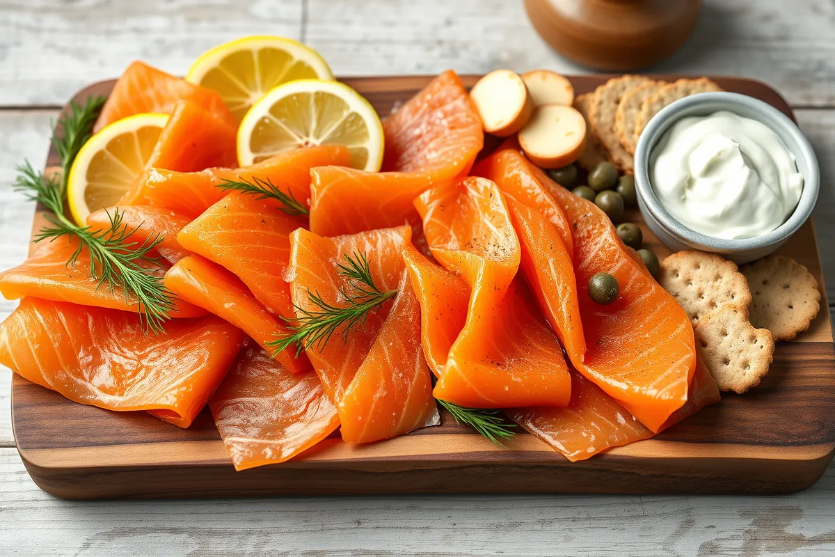 Smoked salmon platter featuring cold-smoked and hot-smoked salmon