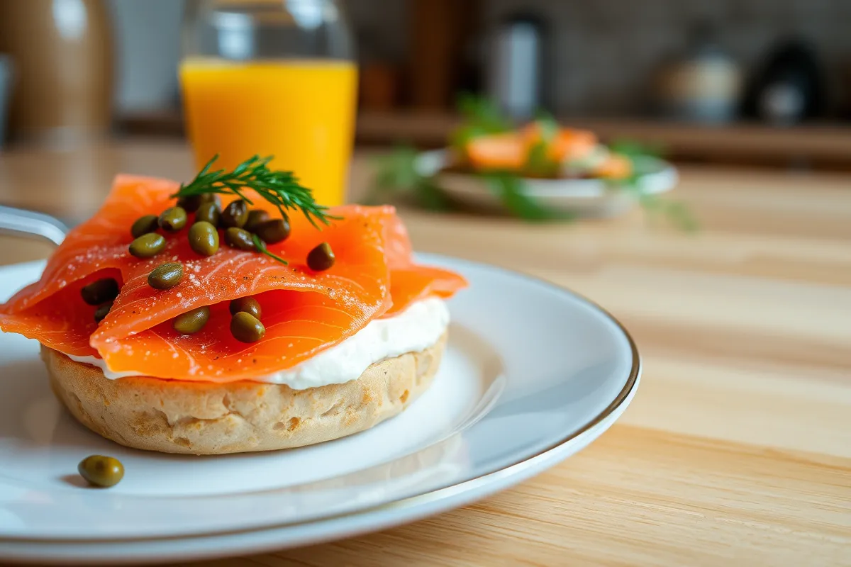 Cold-smoked salmon bagel with cream cheese and dill