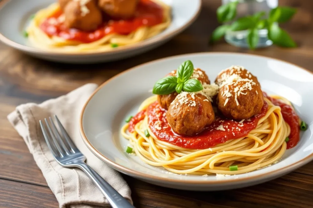 Air-fried meatballs served over spaghetti with marinara