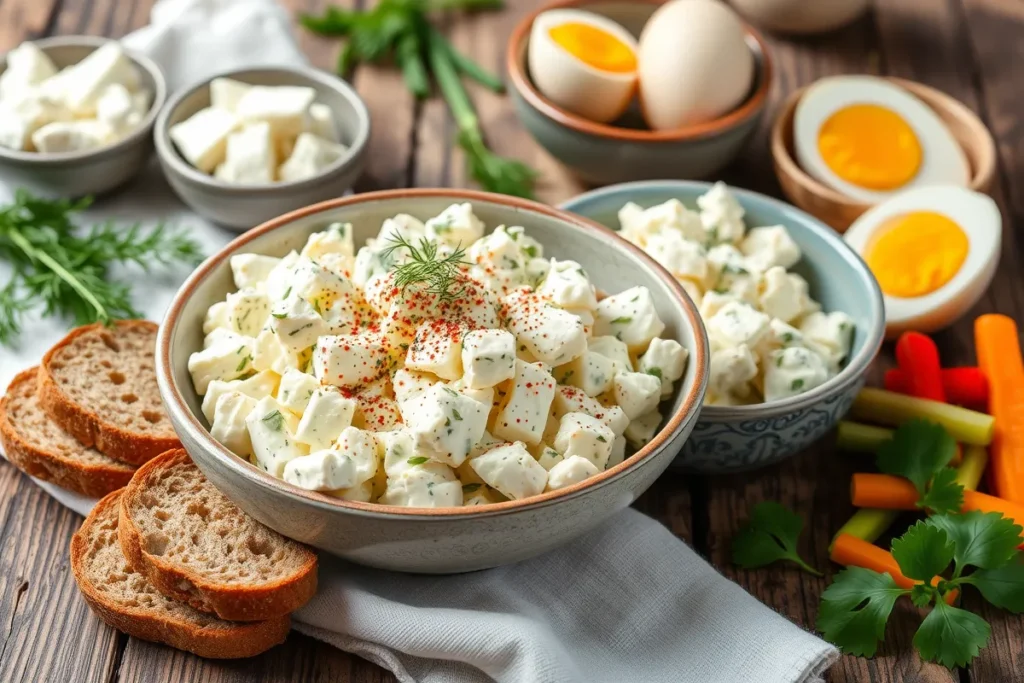 Bowl of cottage cheese egg salad garnished with dill and bread