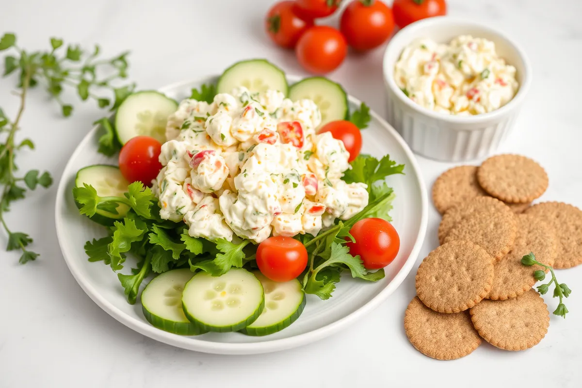 Cottage cheese egg salad preparation with chopped eggs and herbs