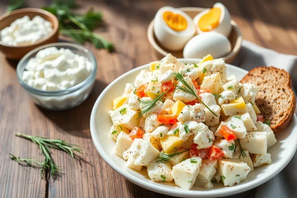 Bowl of egg salad with cottage cheese garnished with dill and bread