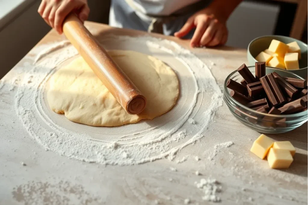 Baker rolling out croissant dough with chocolate and butter nearby