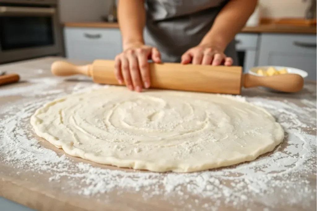 Baker rolling out croissant dough with a rolling pin