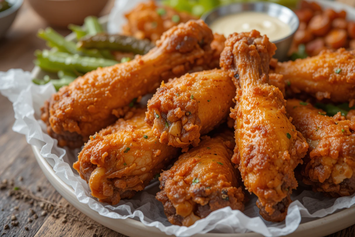 Crispy chicken wings served with sides and nutritional highlights