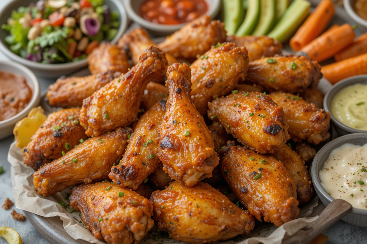 Platter of baked and grilled chicken wings with healthy sides