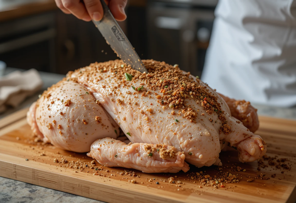 Applying dry rub to a turkey breast before smoking